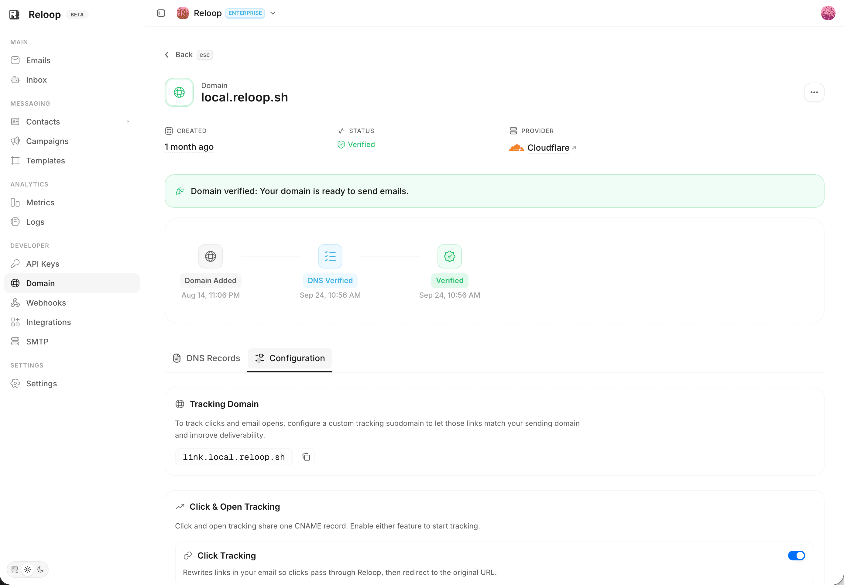 Domains — verify DNS once, send forever