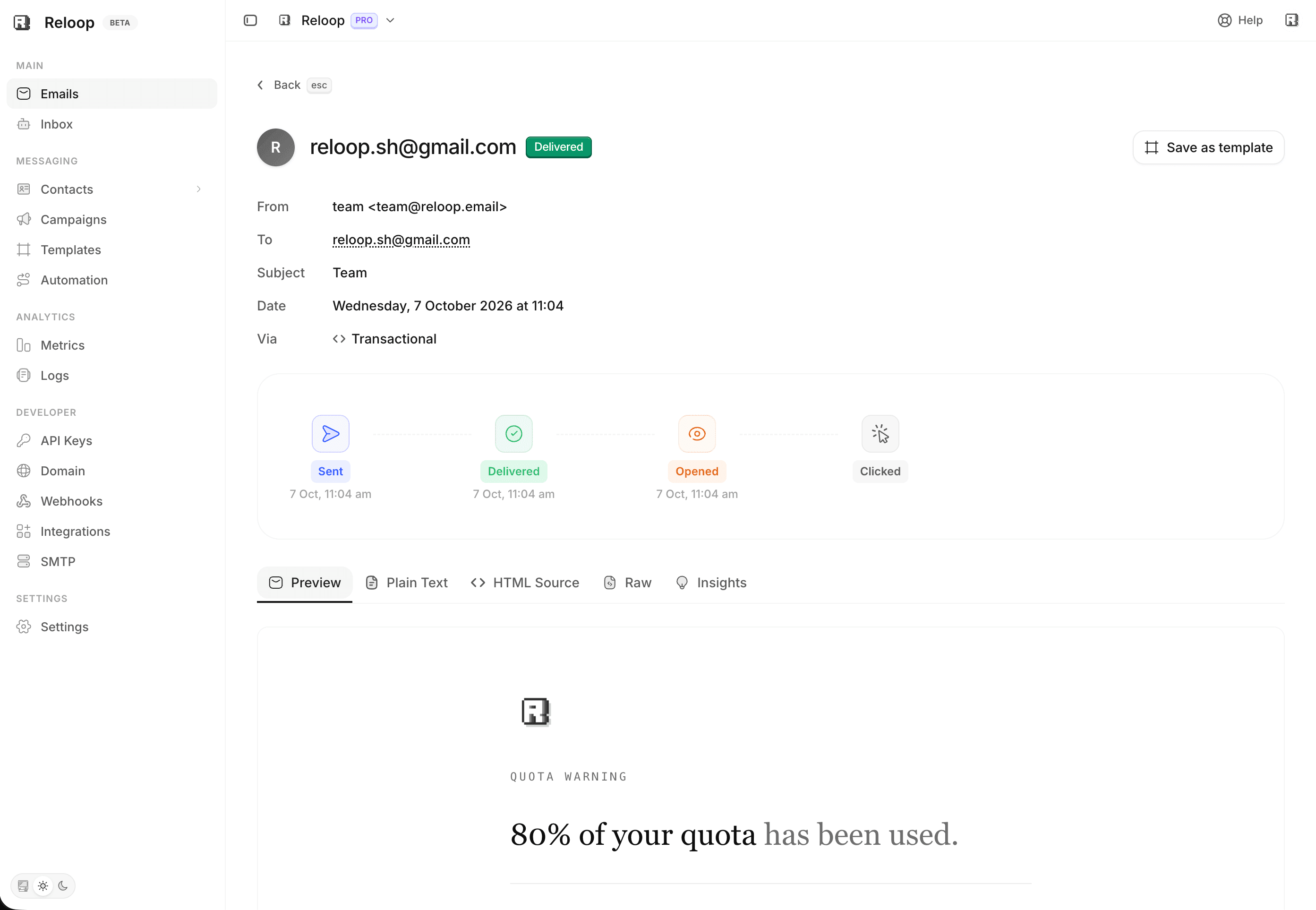 Email details in the Reloop dashboard