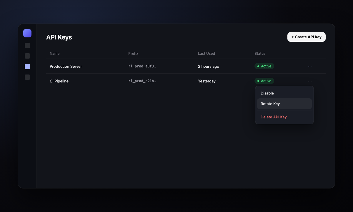 API key row actions