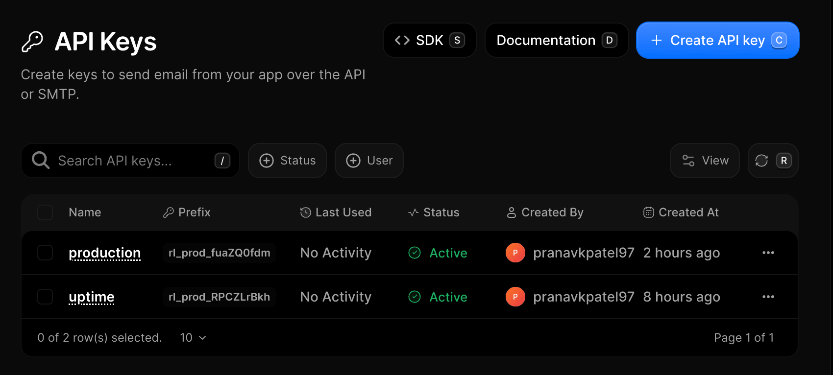 API Keys list in the Reloop dashboard