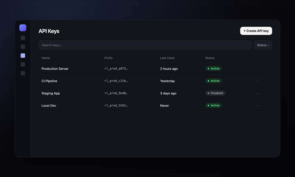 API Keys list in the Reloop dashboard