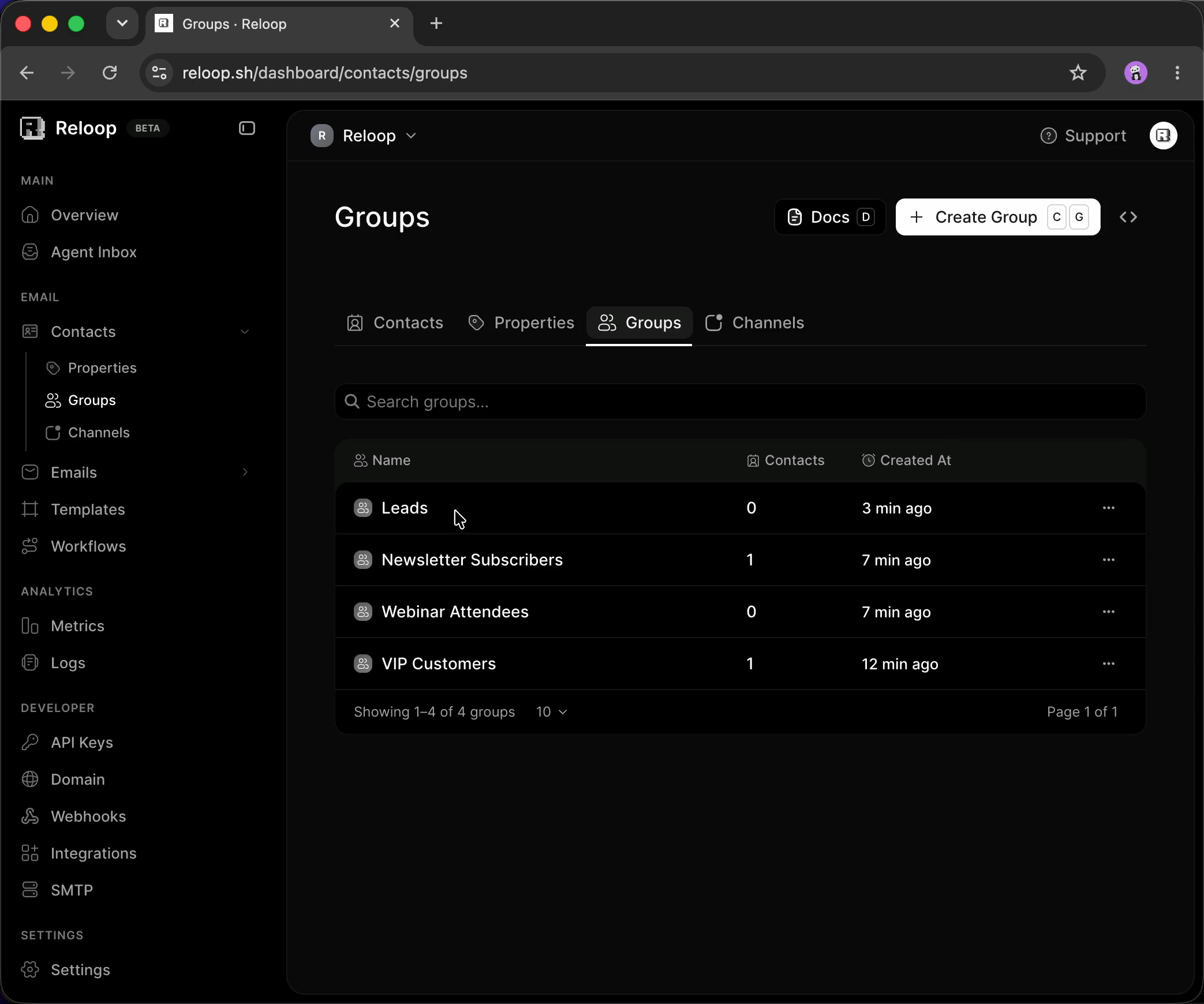 List and rename contact groups