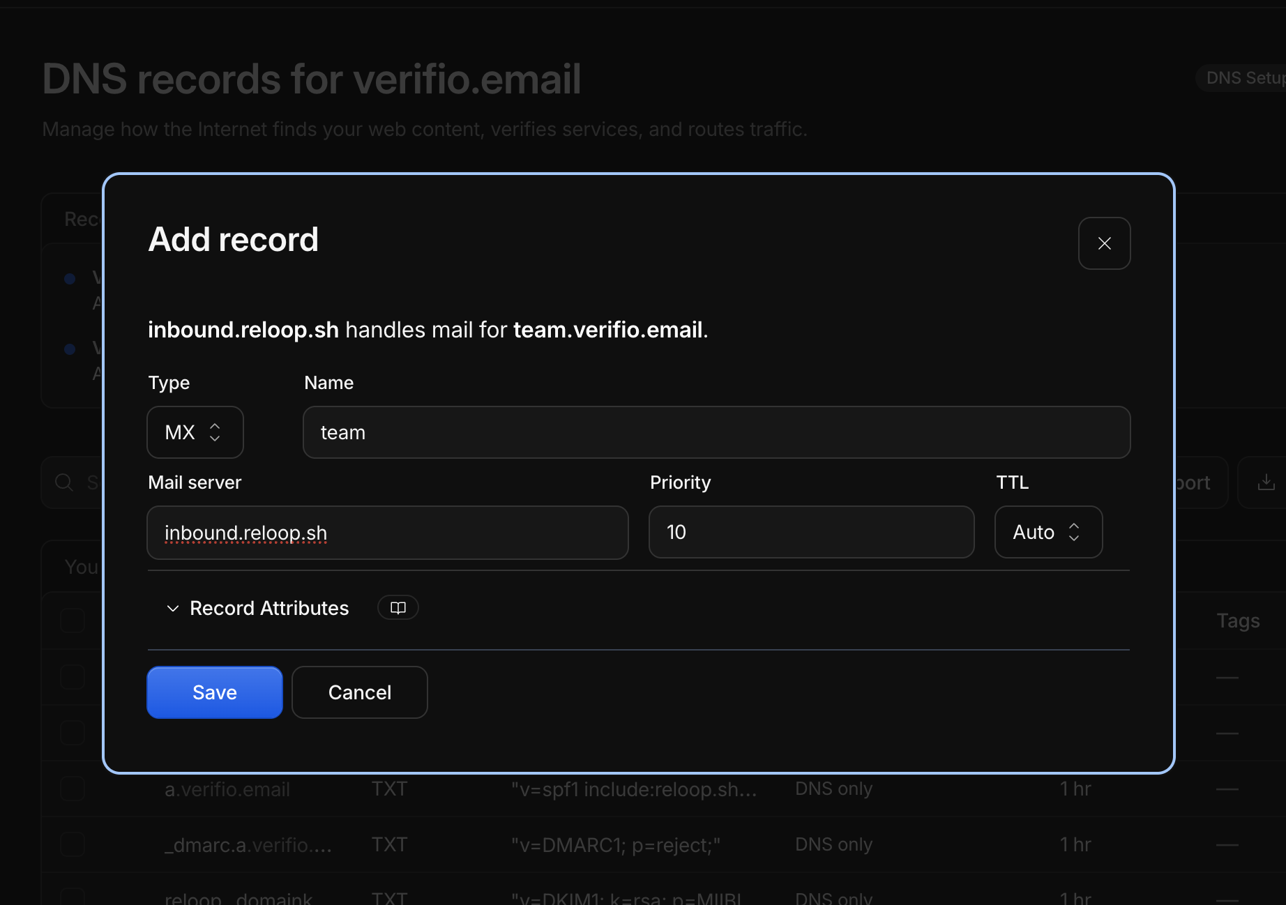 Add receiving MX record in Cloudflare